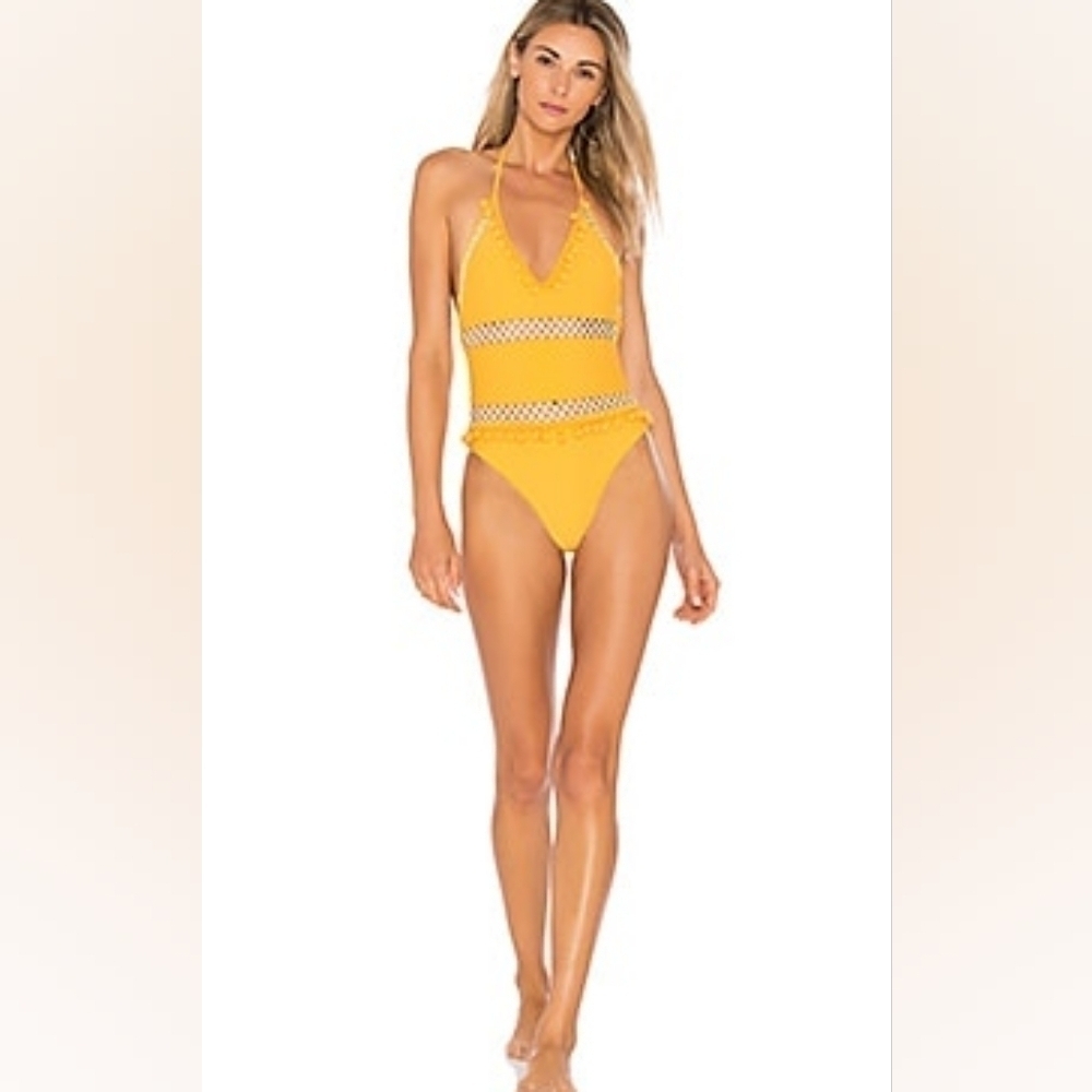 TULAROSA Revolve Ember One Piece Open Weave Pom Pom Swimsuit in Small